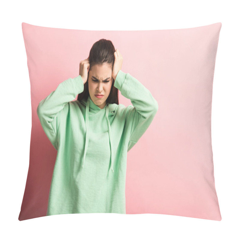 Personality  Exhausted Girl Touching Head While Suffering From Headache On Pink Background Pillow Covers