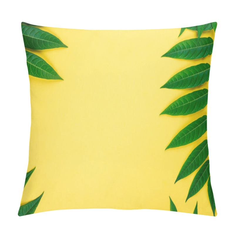 Personality  Abstract Frame Border Of Tropic Green Leaves On Yellow Background, Minimal, Flat Lay, Top View, Copy Space For Text Pillow Covers