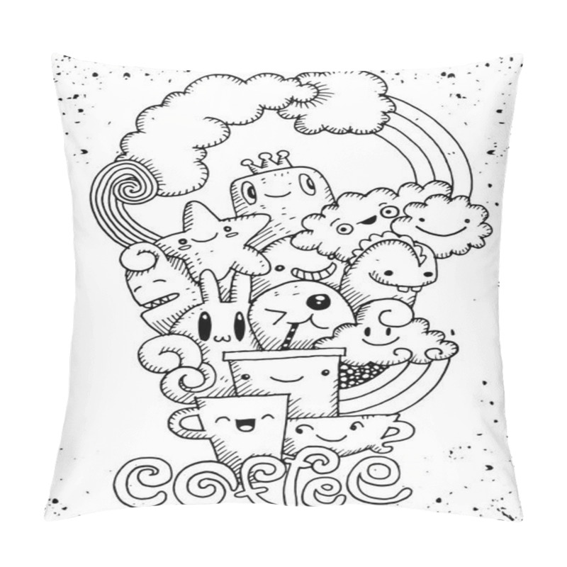 Personality  Hand Drawn Coffee ,cartoon Monster And Coffee Cup ,Doodle,Vector Pillow Covers