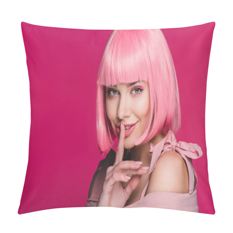 Personality  Sensual Fashionable Girl In Pink Wig Showing Hush Sign, Isolated On Pink Pillow Covers