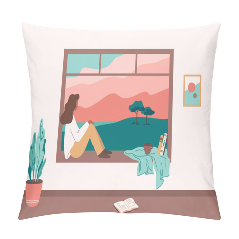 Personality  African American Girl Sitting At The Window, Dreaming, Looking Out, Watching Sunset, Drinking Tea Or Coffee Flat Cartoon Vector Illustration. Pillow Covers