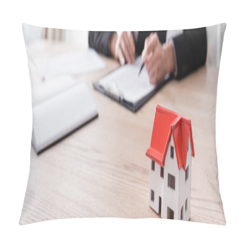 Personality  Selective Focus Of House Model Near Cropped Notary On Blurred Background, Banner Pillow Covers