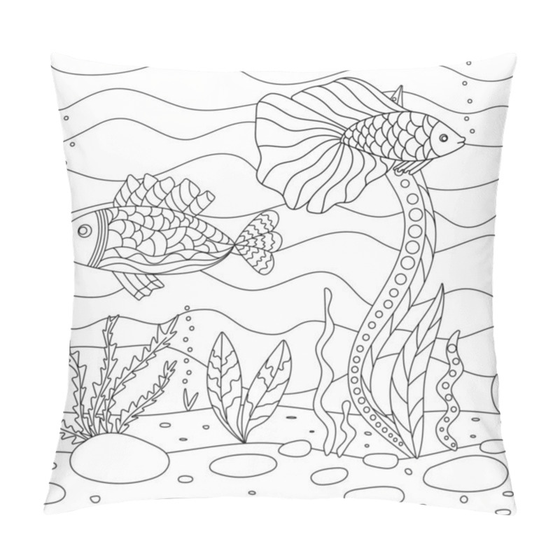 Personality  Vector Illustration With Algae And Fish, Sea Floor. Cute Square Page Coloring Book For Small Children. . Pillow Covers