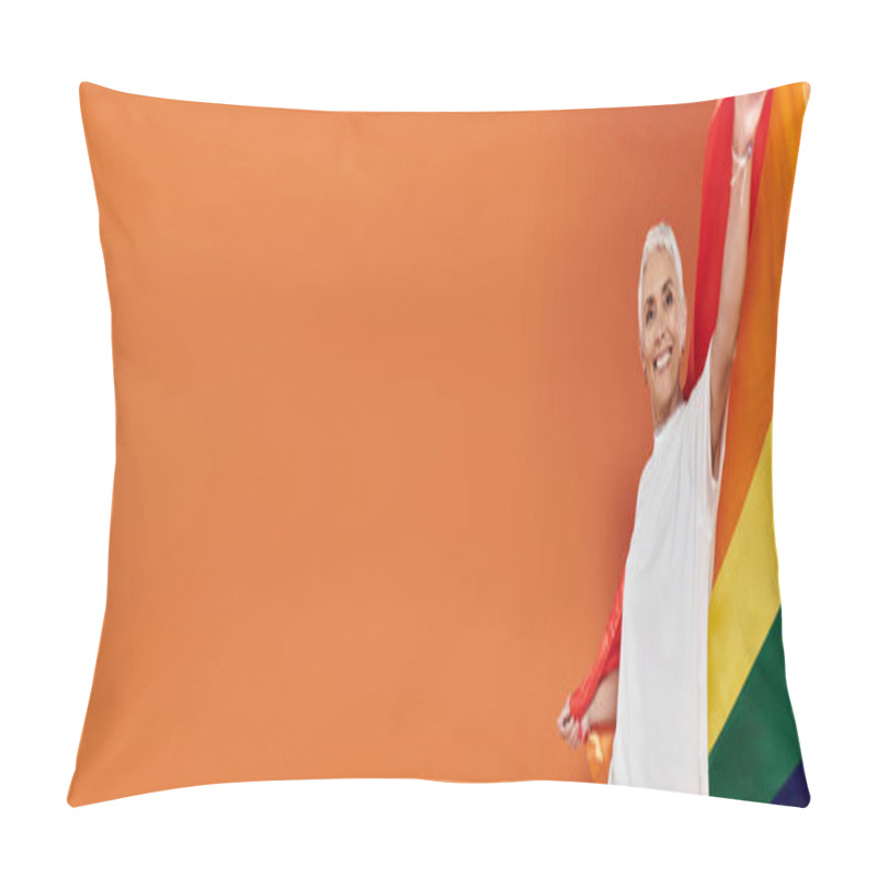 Personality  Mature Woman Proudly Waves A Rainbow Flag, Radiating Happiness And Confidence. Pillow Covers