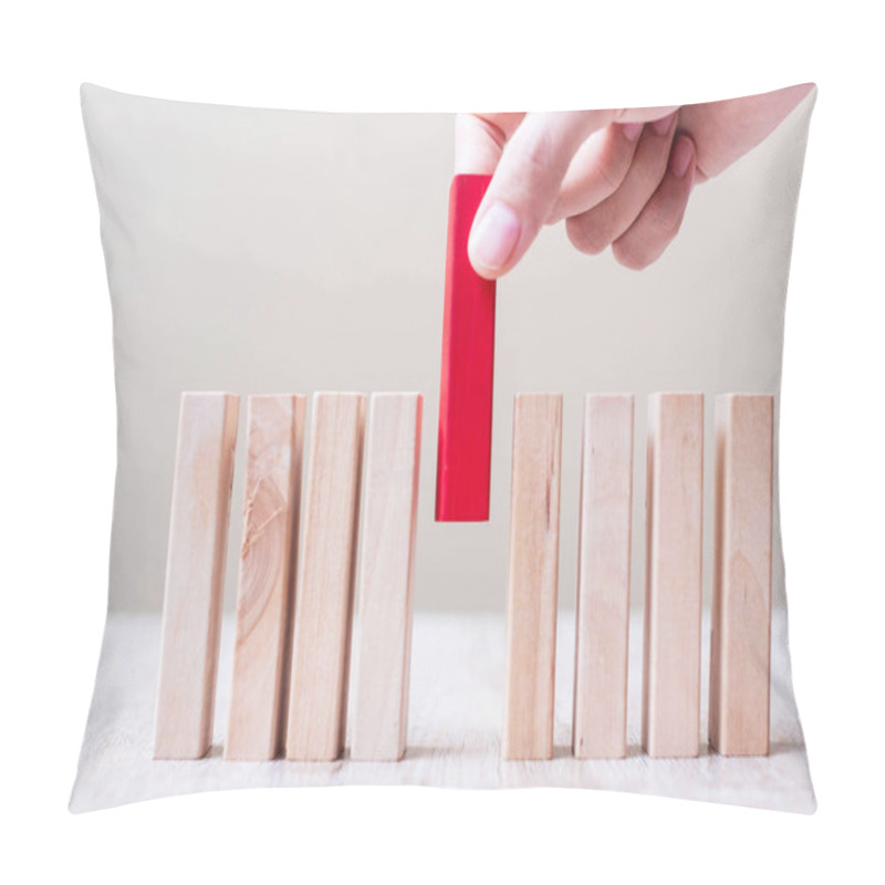 Personality  Businessman Hand Placing Or Pulling Red Wooden Block On Table. Business Planning, Risk Management, Solution, Leader, Strategy, Different And Unique Concepts Pillow Covers