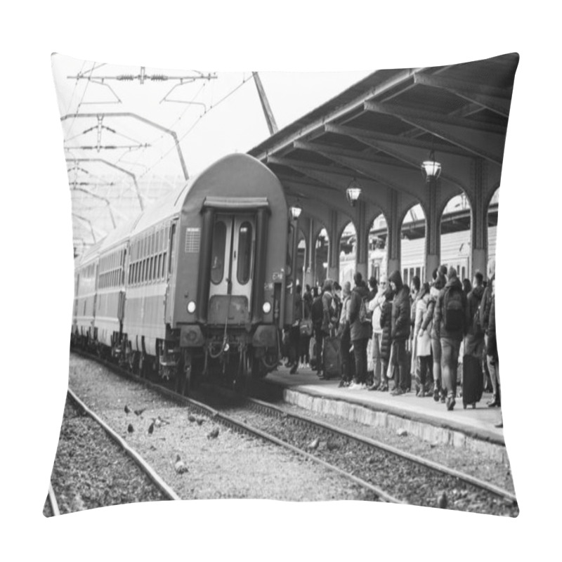 Personality  Travelers And Commuters Waiting For A Train On The Train Platform Of Bucharest North Railway Station (Gara De Nord Bucharest) In Bucharest, Romania, 2020 Pillow Covers