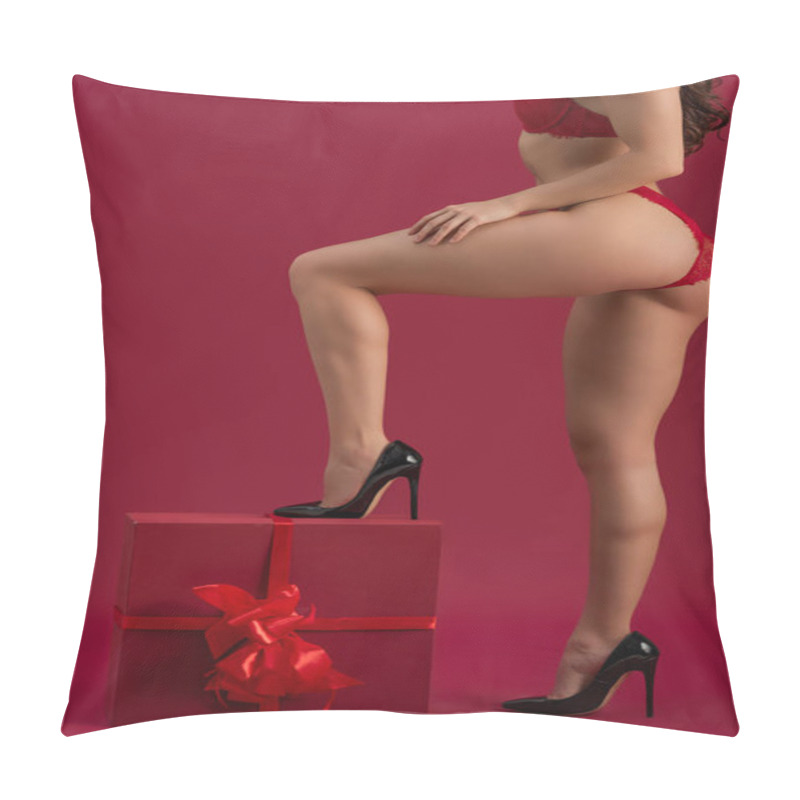 Personality  Cropped View Of Sexy Girl In Lingerie And High Heeled Shoes Stepping On Large Gift Box On Red Background Pillow Covers