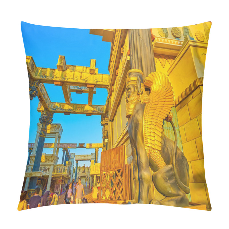 Personality  DUBAI, UAE - MARCH 5, 2020: The Iran Pavilion Of  Global Village Dubai Is Decorated With Persepolis Style Columns, Bas Reliefs And Sculpture Of Assyrian Lamassu, On March 5 In Dubai Pillow Covers