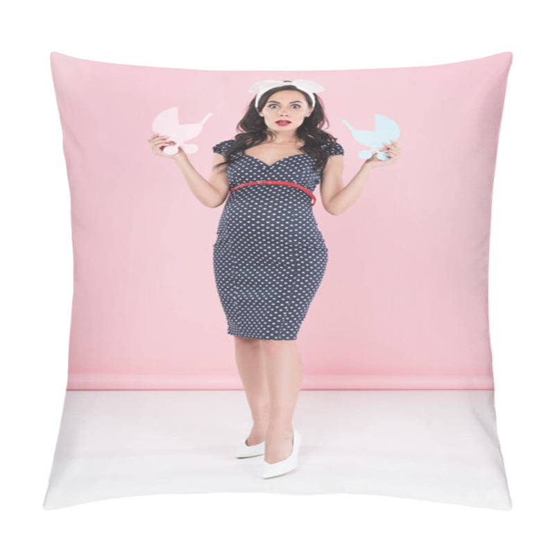 Personality  Shocked Pregnant Woman In Dotted Dress Holding Paper Baby Carriages On Pink Background Pillow Covers