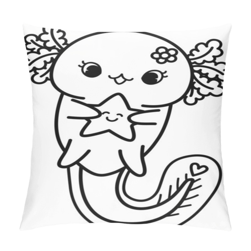 Personality  Bold Line Drawing Cute Baby Axolotl Holding Starfish With Editable Stroke Thickness For Coloring Page For Kids. Vector Illustration. Pillow Covers