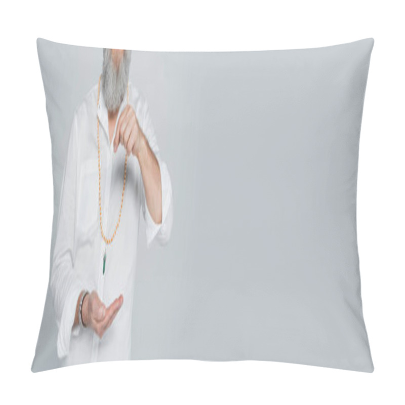 Personality  Cropped View Of Guru Mentor In White Shirt Holding Dowsing Pendulum Isolated On Grey, Banner Pillow Covers