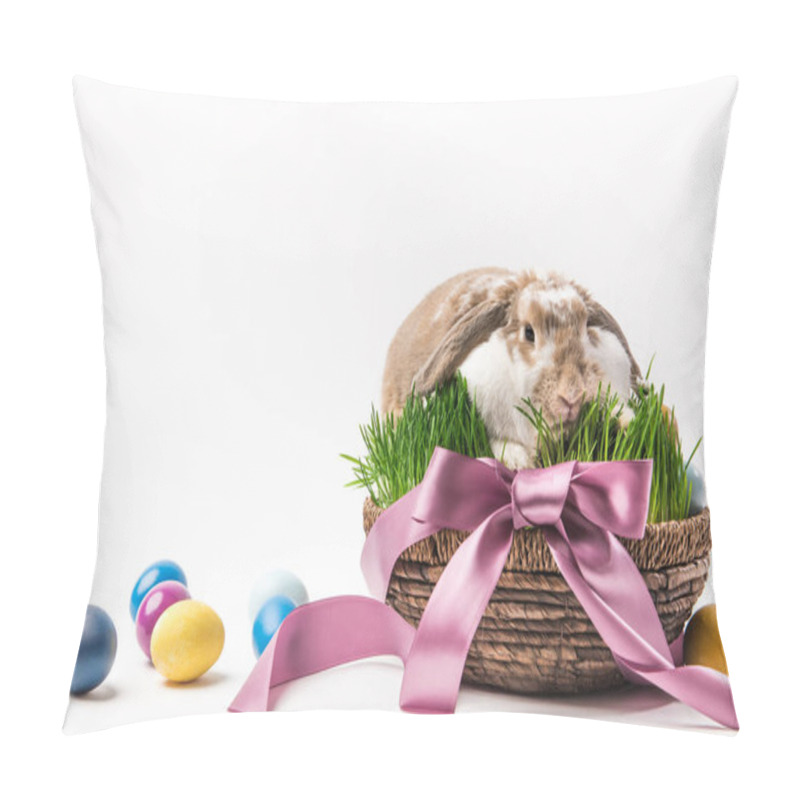 Personality  Rabbit Sitting In Basket Bound By Ribbon With Painted Eggs Around, Easter Concept Pillow Covers