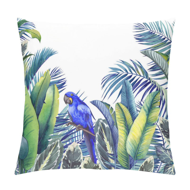 Personality  Tropical Card With Blue Macaw Parrot, Palm Trees, Banana And Calathea Leaves. Watercolor Illustration On White Background. Pillow Covers