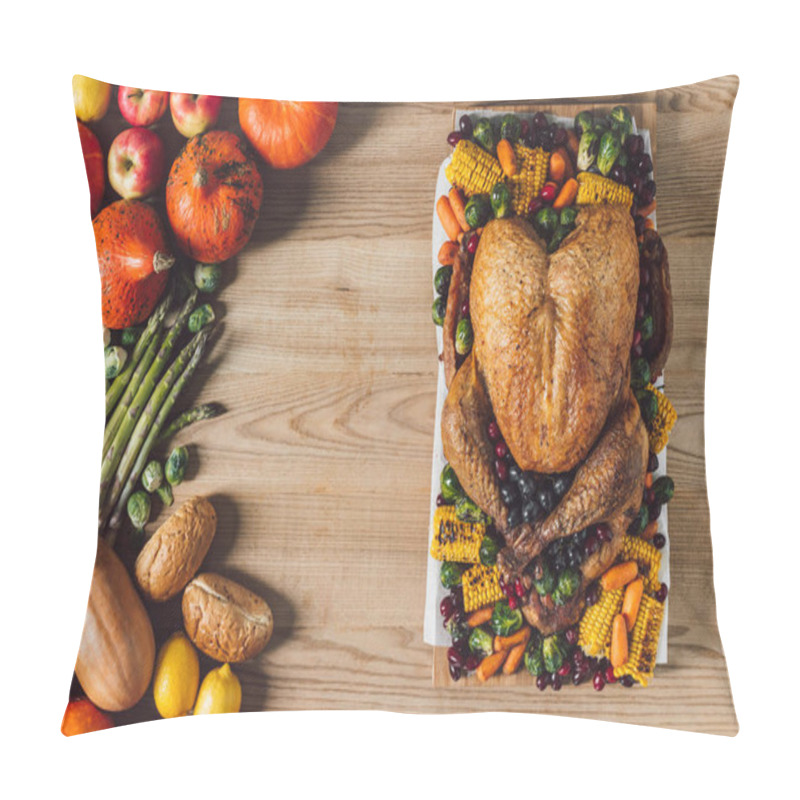 Personality  Top View Of Roasted Turkey And Vegetables For Thanksgiving Traditional Dinner On Wooden Tabletop Pillow Covers