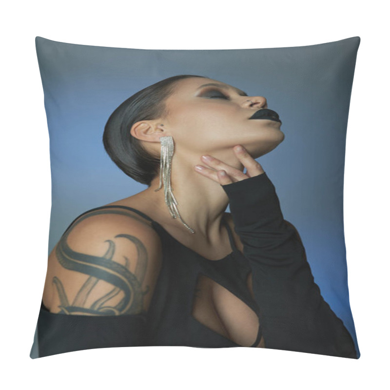 Personality  Seductive Woman With Creepy Makeup Touching Neck On Blue And Grey Backdrop, Halloween Concept Pillow Covers