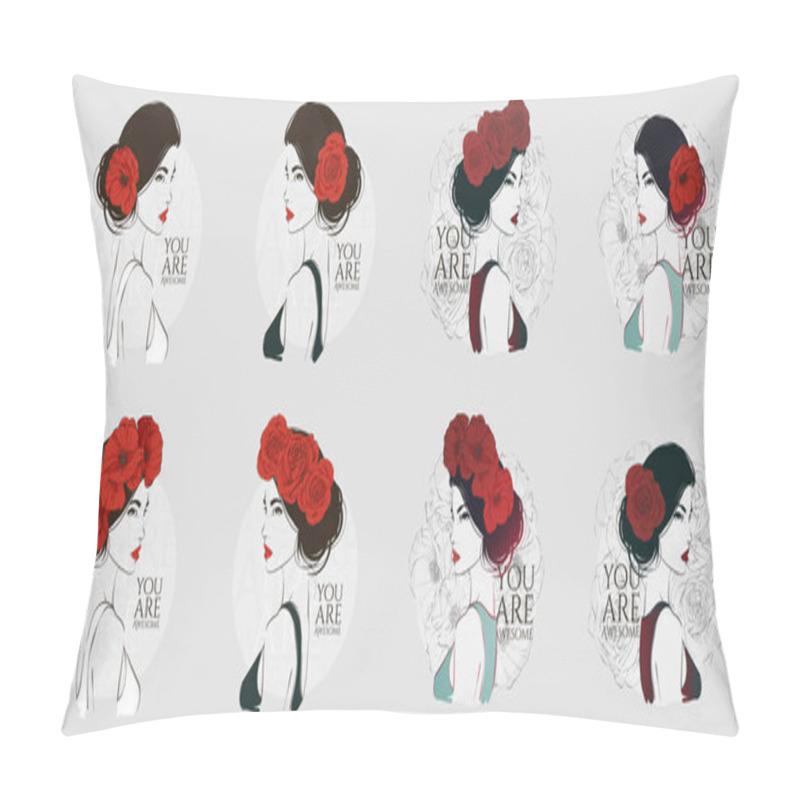 Personality  Portrait Of Young Beautiful Woman With Red Rose In Hair. Vector Hand Drawn Illustration. Pillow Covers