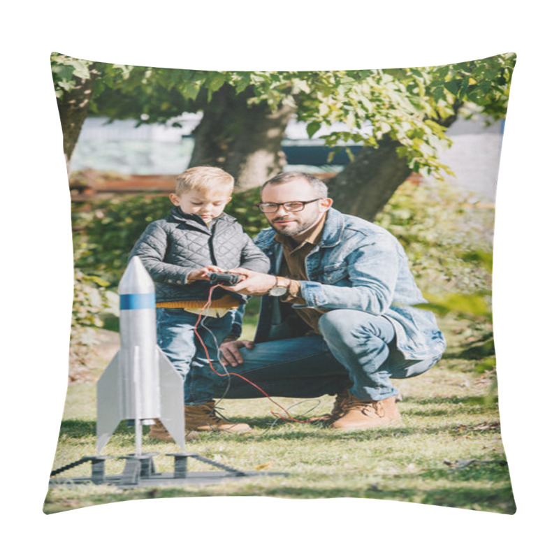 Personality  Happy Father And Son Launching Model Rocket Together At Sunny Day   Pillow Covers