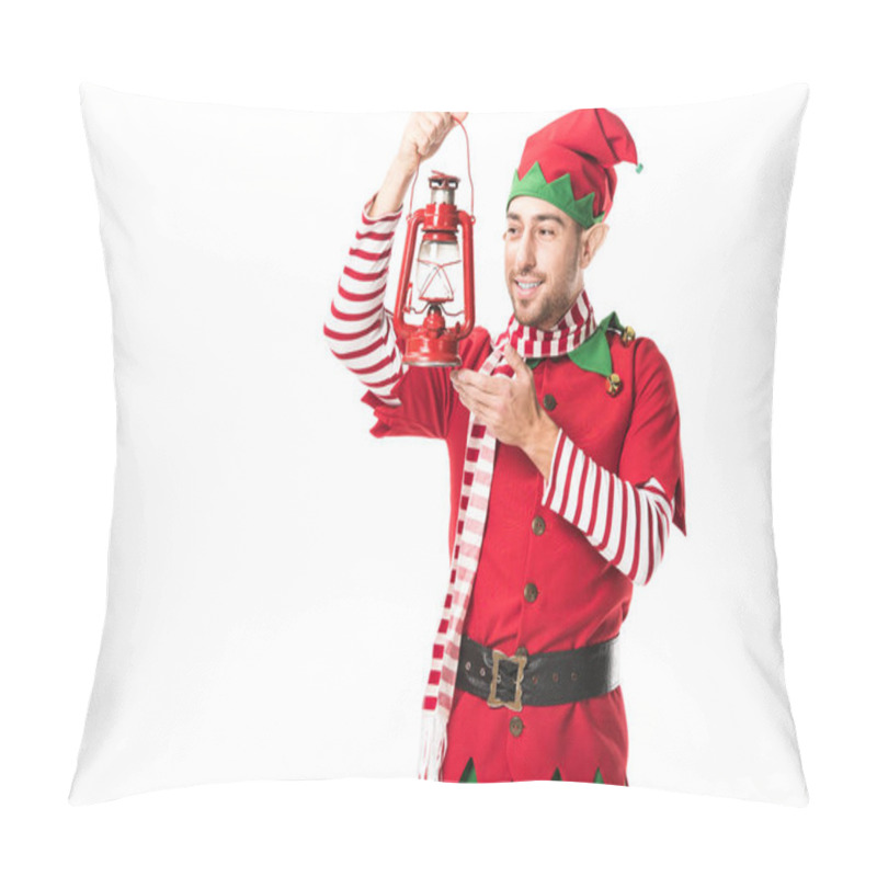 Personality  Smiling Man In Christmas Elf Costume Holding Red Lantern Isolated On White Pillow Covers