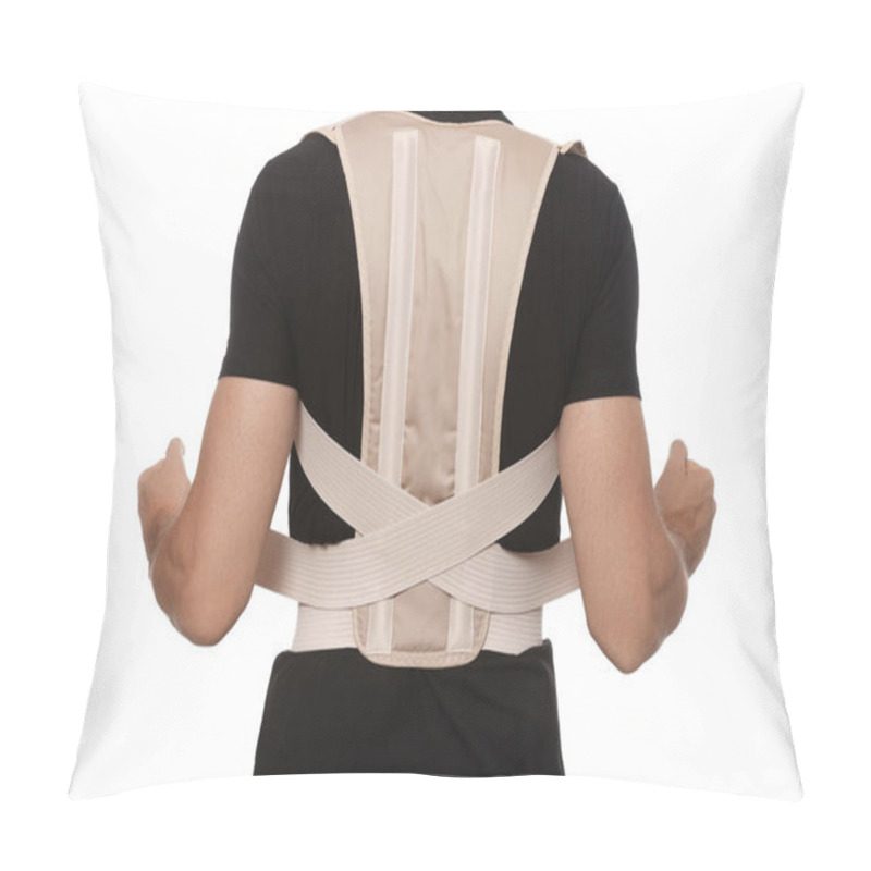 Personality  Closeup Of Man With Orthopedic Corset On White Background, Back View Pillow Covers