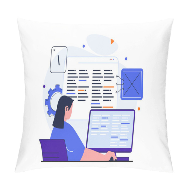 Personality  Programmer Working Modern Flat Concept For Web Banner Design. Woman Writes Code, Programs On Computer Screen, Tests And Optimizes Software In Office. Illustration With Isolated People Scene Pillow Covers