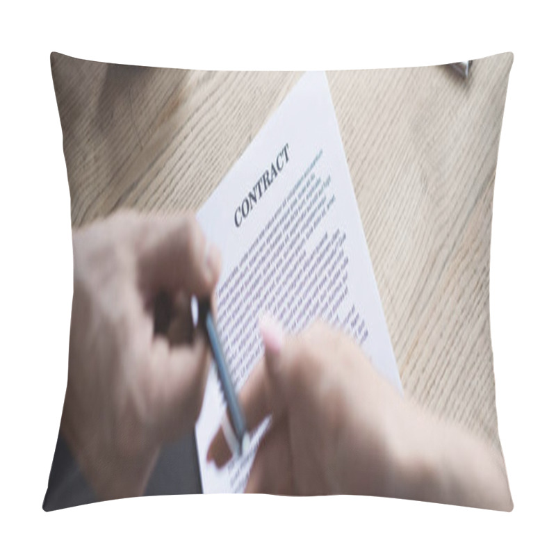 Personality  Top View Of Contract Near Businessman And Candidate Holding Pen In Office, Banner Pillow Covers