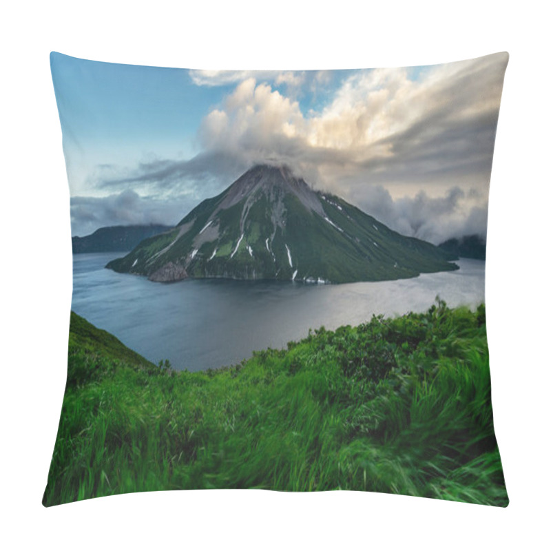 Personality  Untouched Pristine Nature Of Onekotan Island, Small Volcanic Island In The Sea Of Okhotsk, Part Of Kuril Chain Of Islands. Krenitsyn Volcano Is In The Center Of Caldera Lake. Pillow Covers