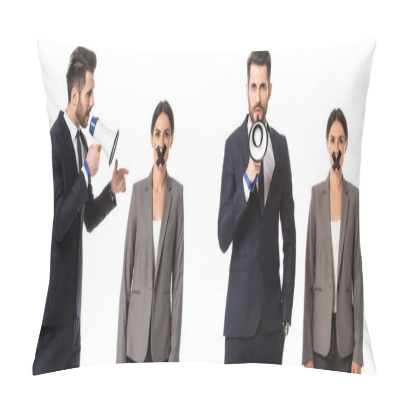 Personality  Collage Of Bearded Businessman In Suit Screaming In Megaphone Near Businesswoman With Scotch Tape On Mouth Isolated On White  Pillow Covers