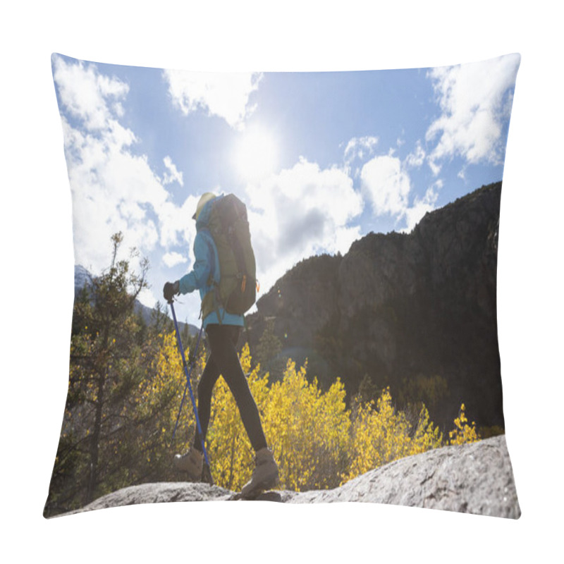 Personality  Woman Backpacker Hiking  In Beautiful Winter Mountains Pillow Covers