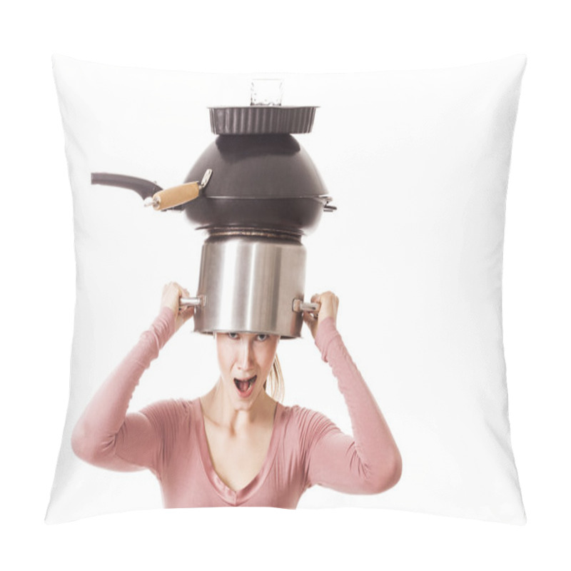 Personality  Panicked Girl Portrait Holding On Head Pot And Frying Pans Pillow Covers