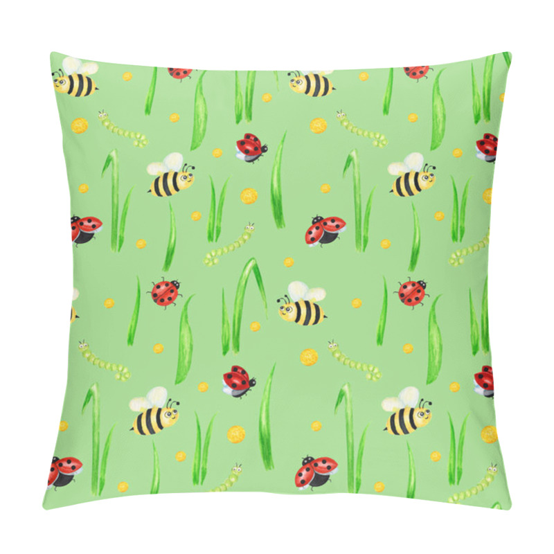 Personality  Watercolor Insects Seamless Pattern With Fly Ladybug, Bee, Caterpillar Illustration. Hand Drawn Botanical Grass Herbs On Green Background. Yellow Polka Dot With Green Grass Wild Botanical Garden Pillow Covers