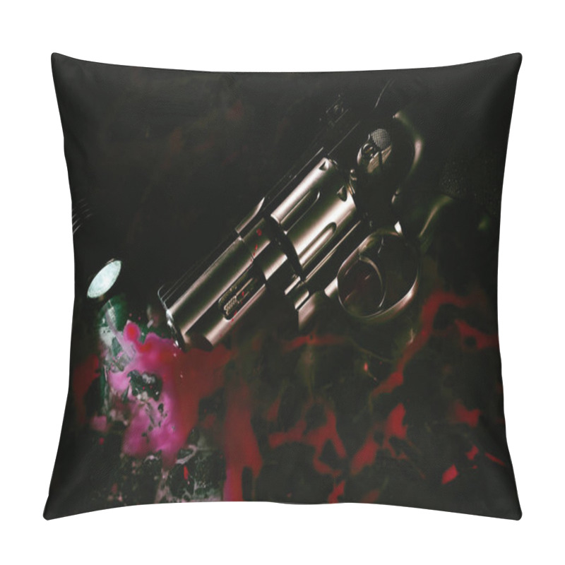 Personality  Revolver And Flashlight In A Pool Of Blood On A Black Background Pillow Covers