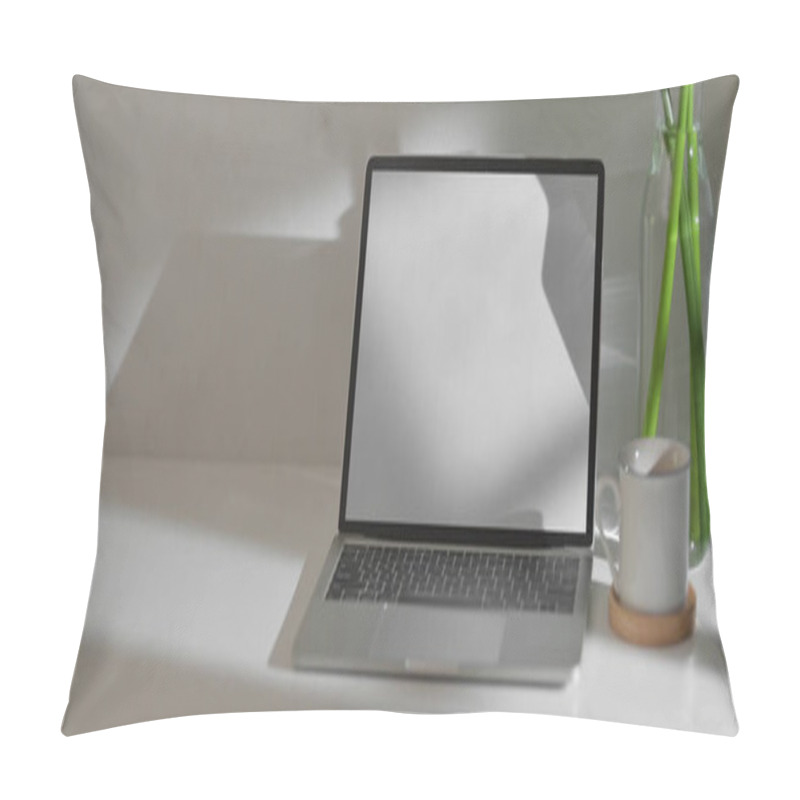 Personality  Close Up View Of Modern Home Office Desk With Mock-up Laptop, Cup, Plant Vase And Copy Space On White Desk   Pillow Covers