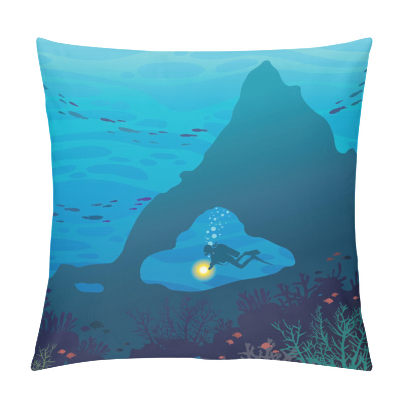 Personality  Wild Marine Life - Underwater Cave, Coral Reef And Scuba Diver. Pillow Covers