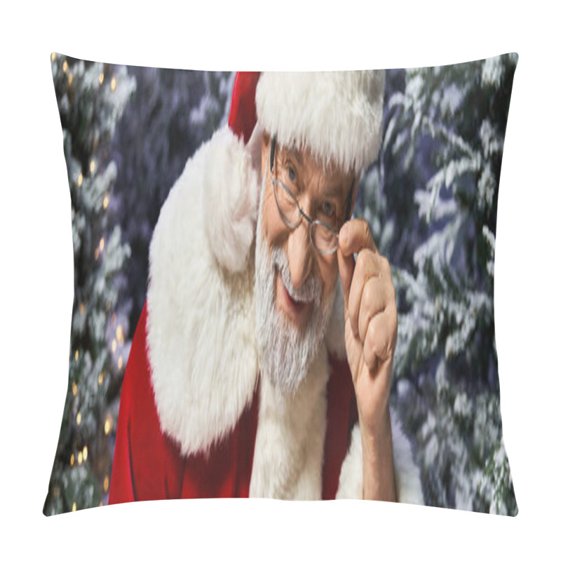 Personality  A Cheery Figure Dressed As Santa Claus Shares Laughter And Warmth In A Snowy Forest Setting. Pillow Covers