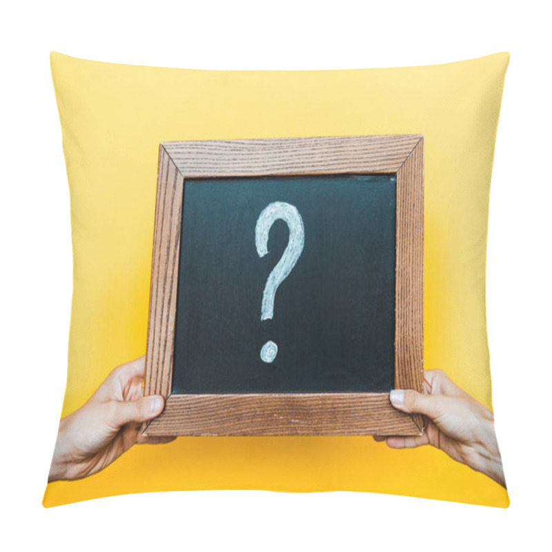 Personality  Cropped View Of Man And Woman Holding Chalk Board With Question Mark On Orange  Pillow Covers