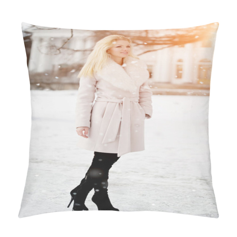 Personality  Winter Woman On Background Of Winter Landscape? Sun. Fashion Gir Pillow Covers