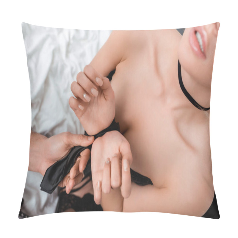 Personality  Cropped View Of Man Touching Tie On Hands Of Submissive Woman  Pillow Covers