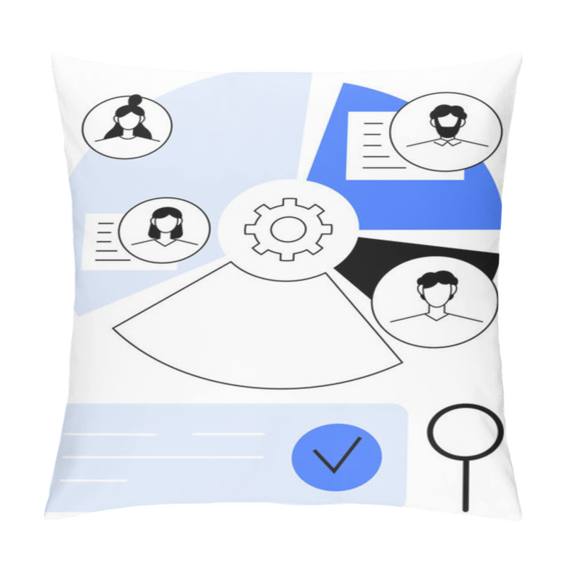 Personality  Gear At Center With Four Document Profiles Around It, Search Icon, Checkmark, And Segmented Circle. Ideal For Teamwork, Project Management, Staff Allocation, HR Processes, Task Assignment Workflow Pillow Covers