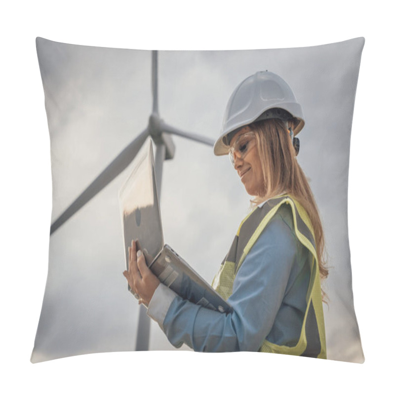 Personality  A Skilled Female Engineer At A Wind Turbine Site Uses Her Laptop, Showcasing Renewable Energy Advancements And Highlighting Womens Vital Contributions To Engineering, Inspiring Future Generations Pillow Covers