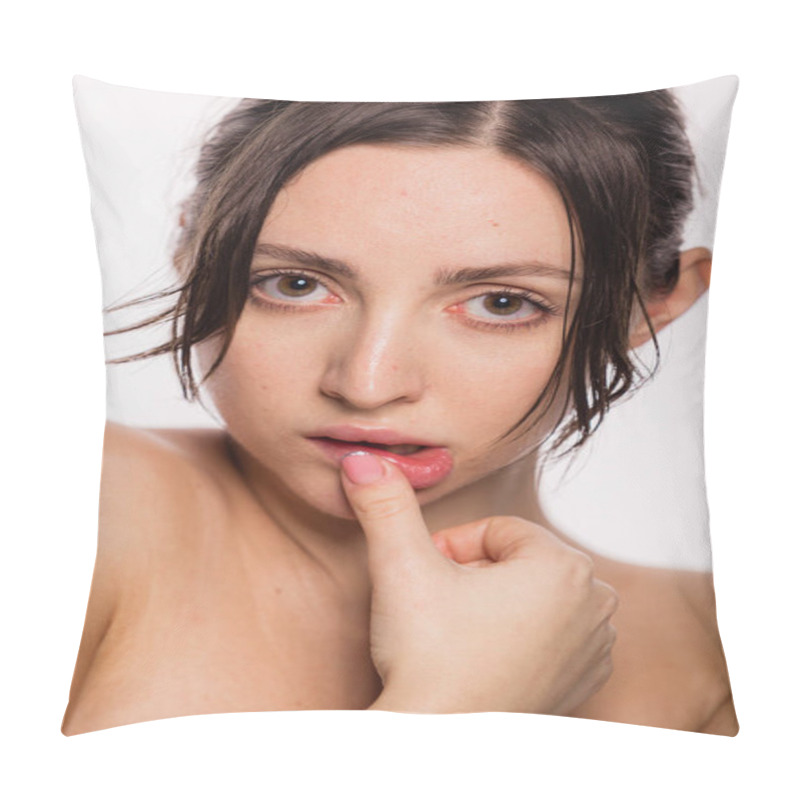 Personality  Beautiful Face Of Young Woman With Clean Fresh Skin Touching The Lip Or Pulling. Beauty Portrait Of Brunette Standing On White Background Copy Space Pillow Covers