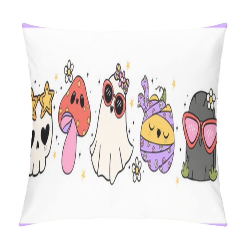 Personality  Groovy Retro Halloween Happy Cartoon Character Lined Doodle Banner Pillow Covers