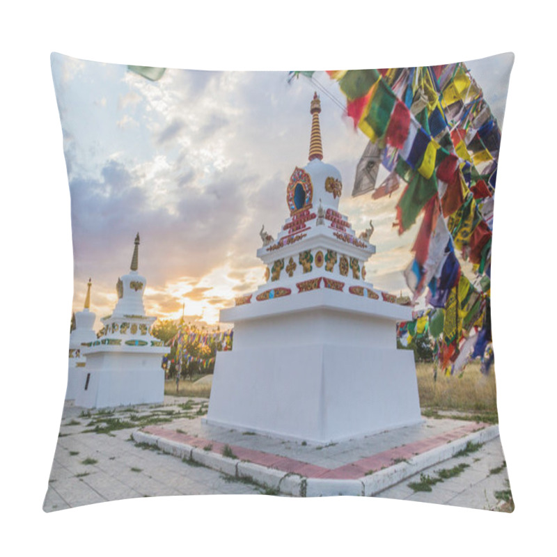 Personality  Stupas And Flags Near Syakusn Syume, Geden Sheddup Choikorling Monastery, Tibetan Buddhist Monastery In Elista, Republic Of Kalmykia, Russia Pillow Covers