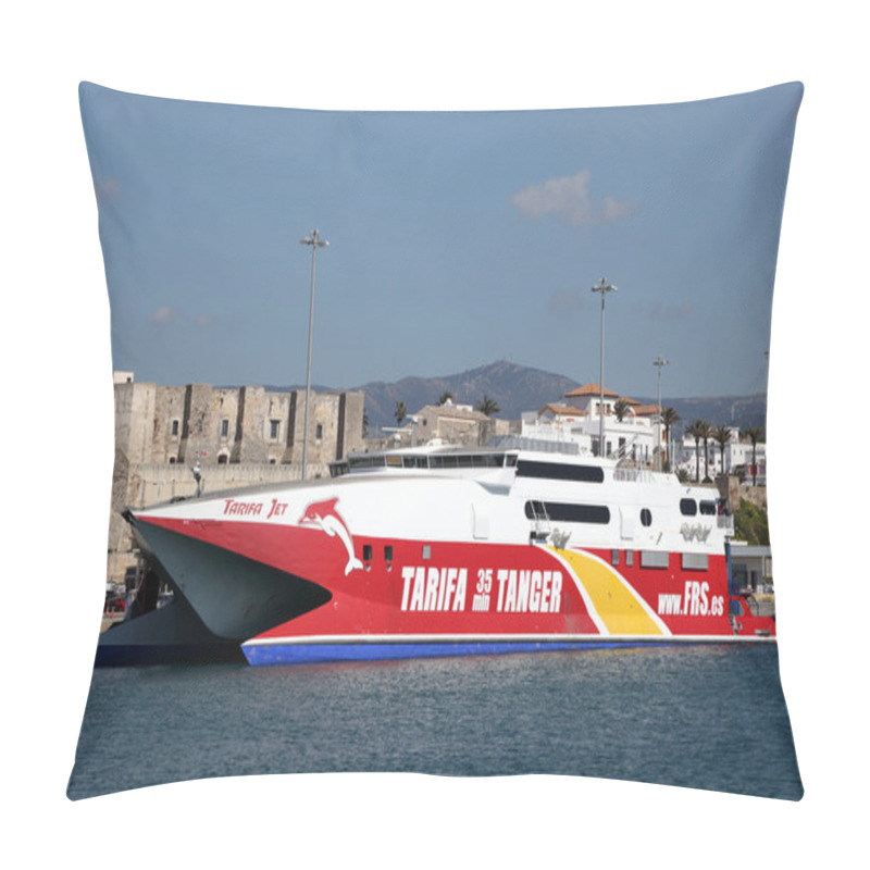 Personality  Fast Ferry Ship In The Port Of Tarifa. Andalusia, Spain Pillow Covers