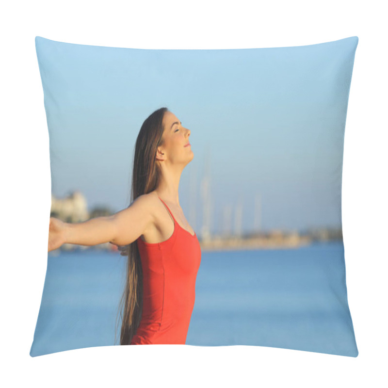 Personality  Relaxed Girl Stretching Arms Breathing Fresh Air On The Beach On Summer Pillow Covers