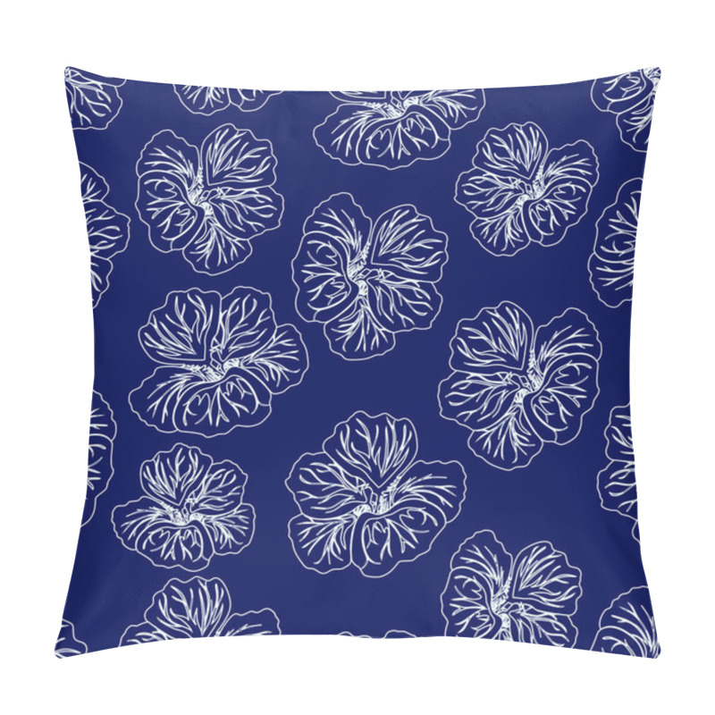 Personality  Dark Blue Hibiscus Flower Print. Gorgeous Nasturtium.Floral Pattern.Trendy Seamless Background.FashionTexture. Line Drawing. Vector Botanical Illustration For Fabric, Wrapping And Other Design. Pillow Covers