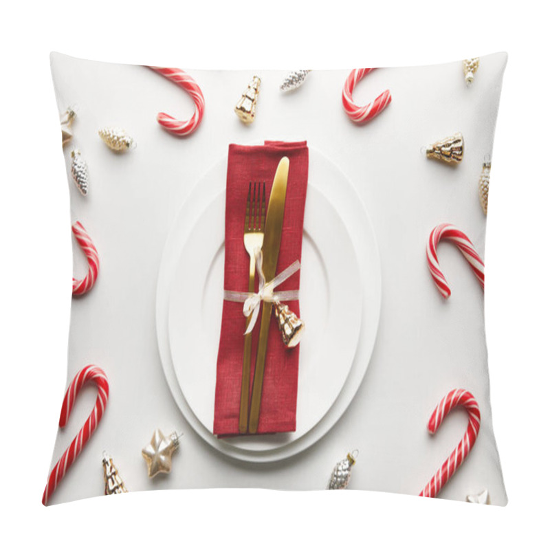 Personality  Top View Of Festive Christmas Table Setting On White Background With Decoration And Candies Pillow Covers