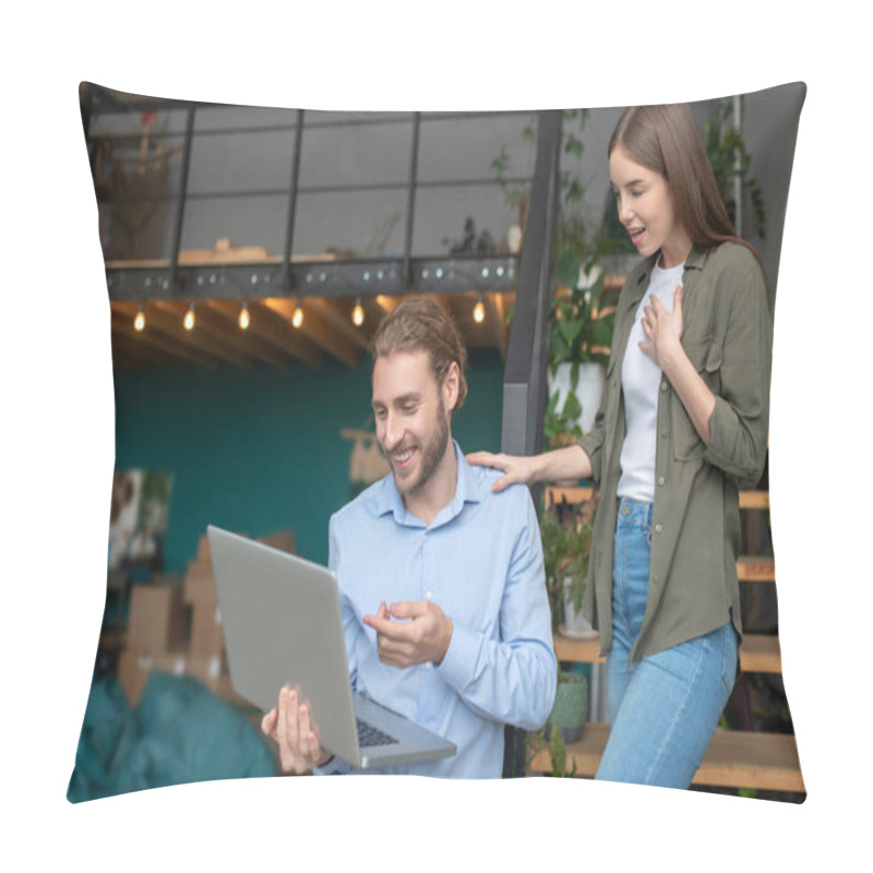 Personality  Man And Woman Discussing Their Work Using A Computer Pillow Covers