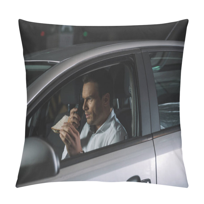 Personality  Male Private Detective Having Lunch And Using Talkie Walkie In Car Pillow Covers