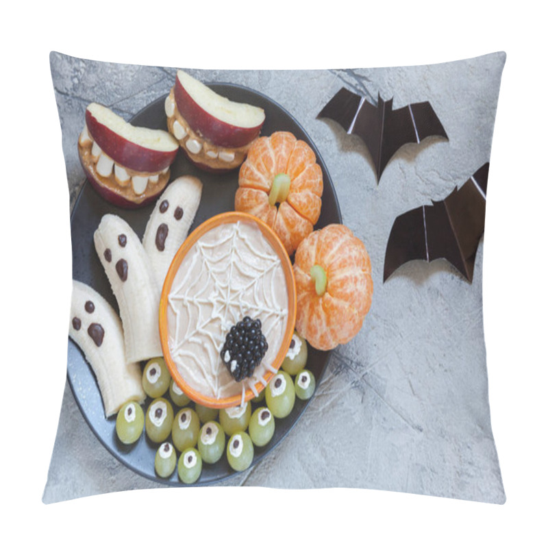 Personality  Fruit Halloween Treats. Banana Ghosts And Clementine Orange Pumpkins, Apple Monster Mounts And Spider Web Pillow Covers