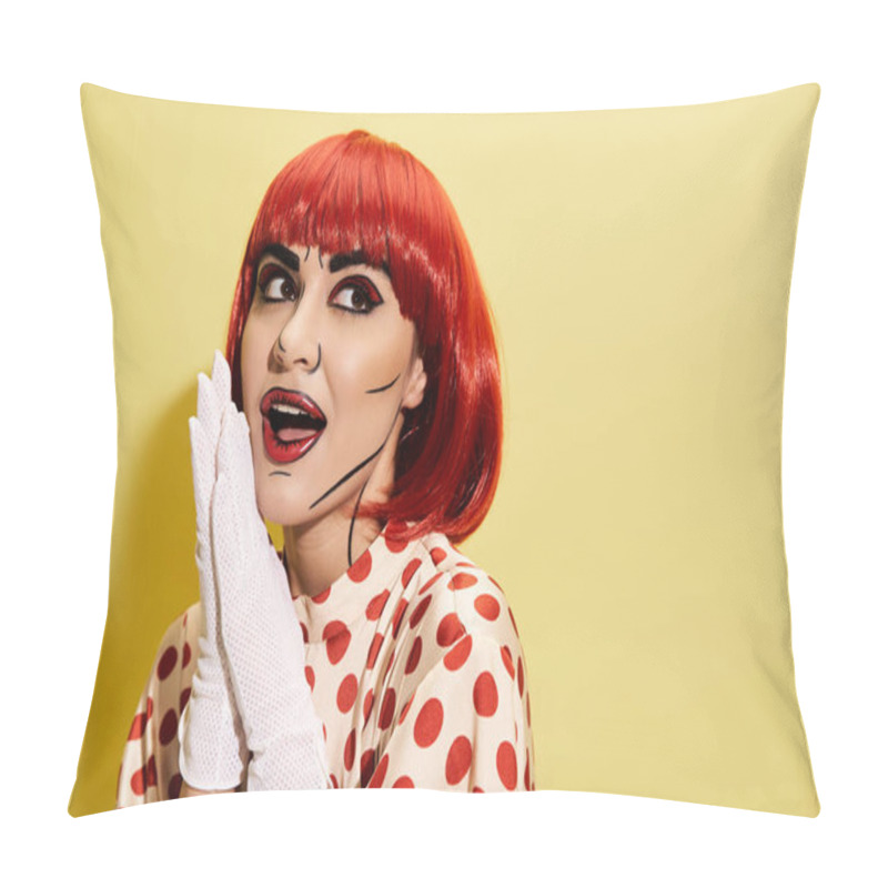 Personality  A Vibrant Redhead In A Polka Dot Dress And White Gloves Poses Against A Yellow Background, Reminiscent Of A Character From Comics. Pillow Covers